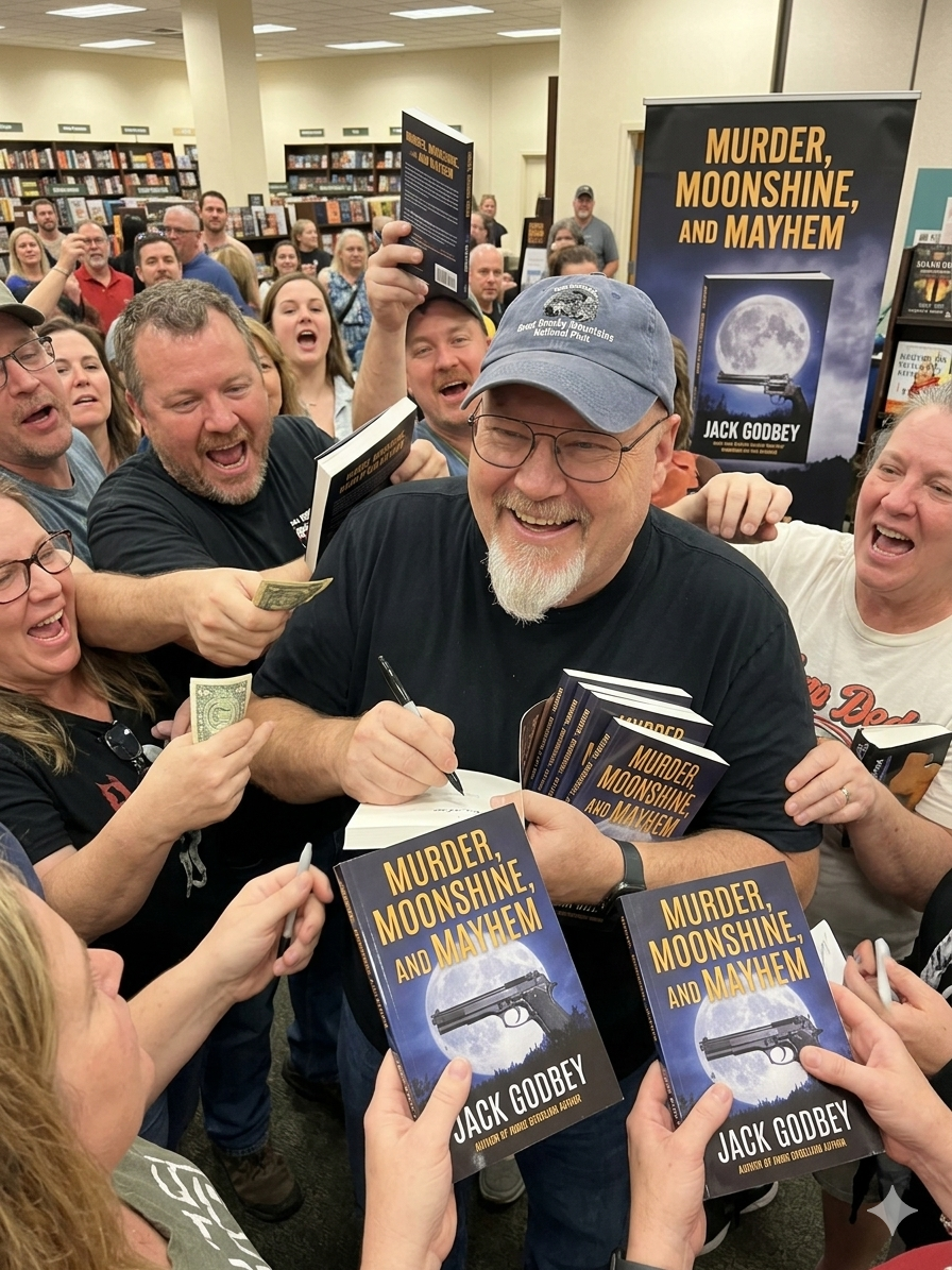 Author Jack Godbey signing copies of his book "Murder, Moonshine, and Mayhem" at a crowded bookstore event with excited fans holding books and money, surrounded by posters and shelves of books.