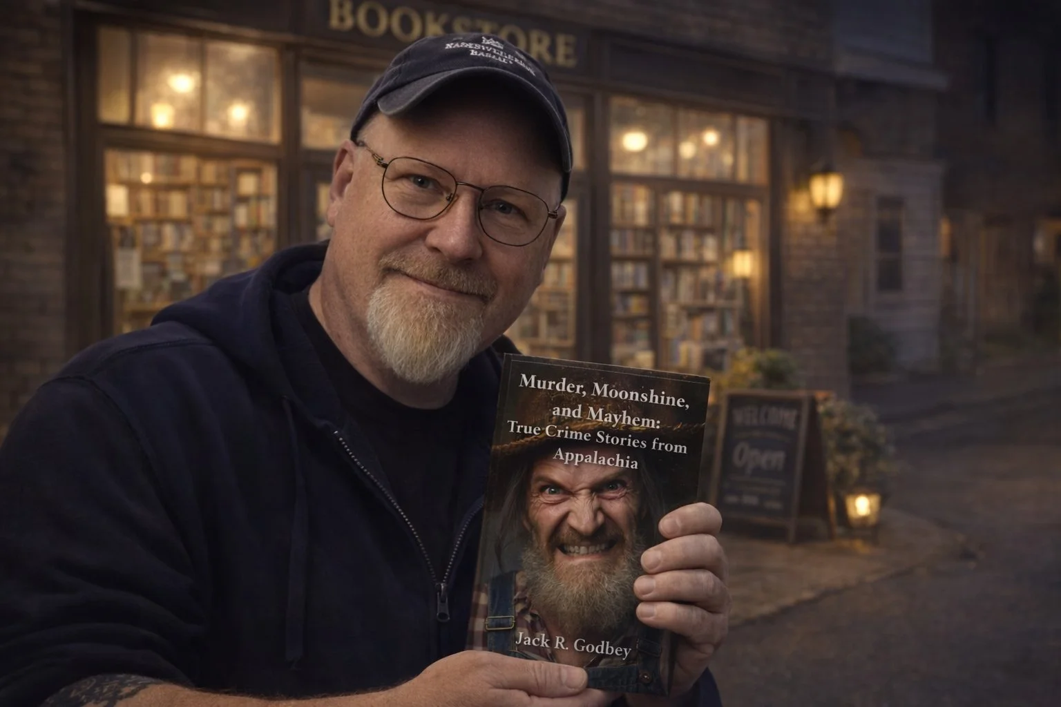 A man with glasses and a gray beard holding a book titled "Murder, Moonshine, and Mayhem: True Crime Stories from Appalachia" in front of a bookstore at night.