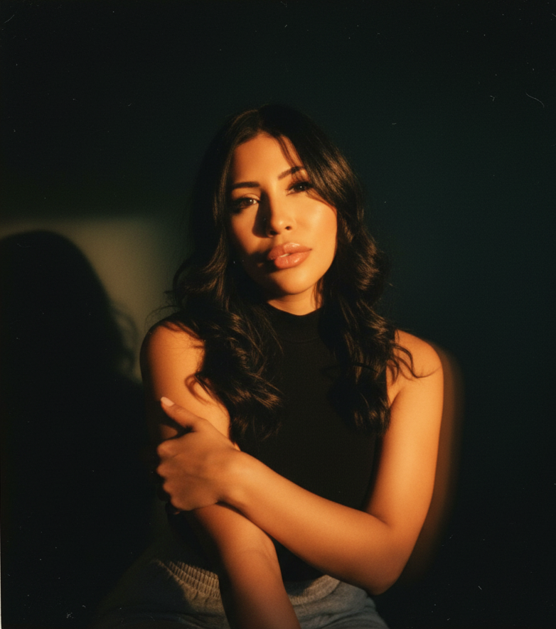 A young woman with long wavy dark hair and tan skin, wearing a sleeveless black top, looking at the camera with a slight smile, illuminated by soft warm lighting against a dark background.
