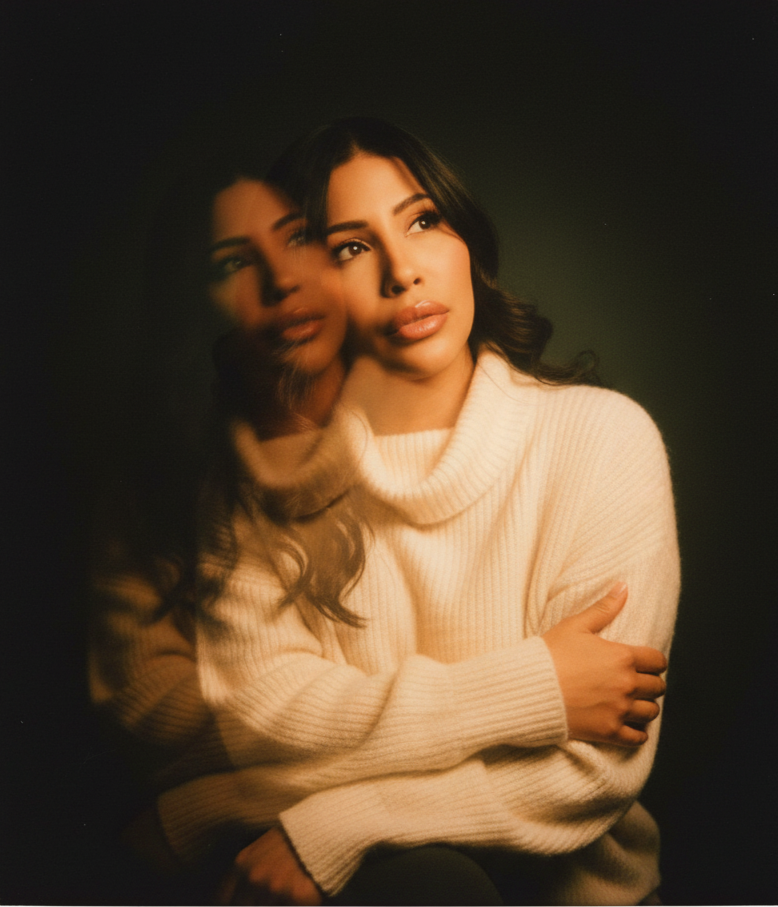 A woman with dark hair and a white sweater, looking thoughtfully, with a faded reflection of her face beside her, against a dark background.