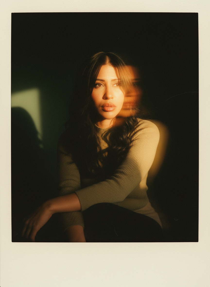 A woman with long dark hair, wearing a ribbed tan long-sleeve top, sitting against a dark background with warm lighting. The image has a slightly blurred effect on one side, creating a dreamy appearance.