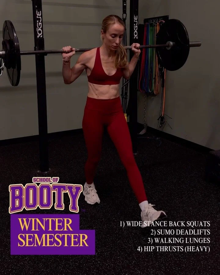 WINTER SEMESTER PROGRAMS LAUNCH TODAY 🚨
New movements. New strength. New results.

School of Booty 🍑
Tues: Wide stance back squats + Hip thrusts
Sat: Walking lunges + Sumo RDLs
&rarr; Strong, lifted, shaped glutes.

Academy of Arms 💪🏼
Mon: Barbel
