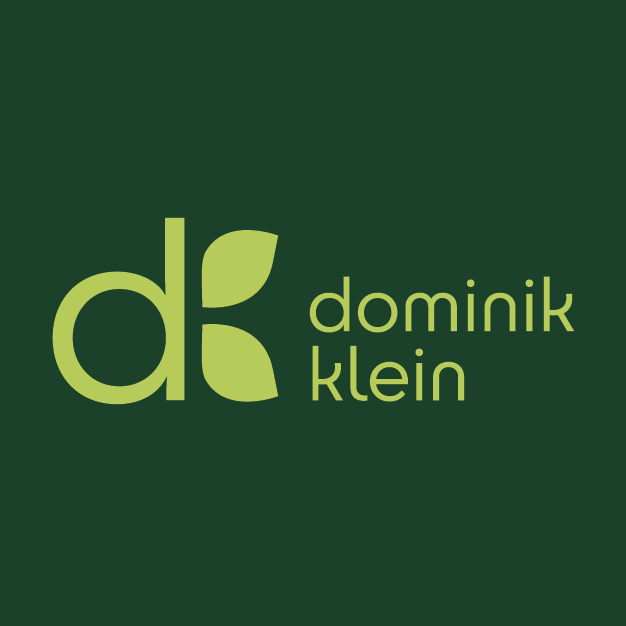 Logo mit grünen Buchstaben 'd' und 'k' und den Worten 'dominik klein' auf dunkelgrünem Hintergrund.