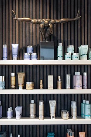 Regal mit bronzener Skulptur professionelle Haarpflegeprodukte auf den Regalen. Verkaufsregal im Friseursalon HairClub Bad Oeynhausen.