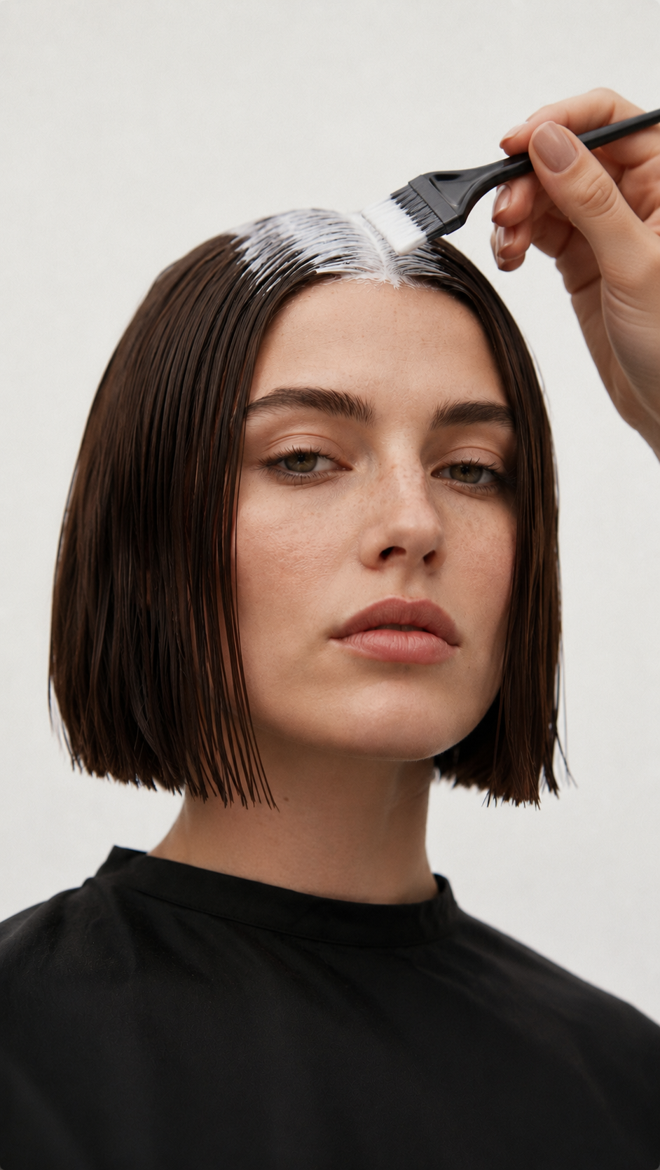 Nahaufnahme der Rückseite eines Frauenkopfes mit schwarzen, glatten Haaren, die mit Spangen frisiert sind, getragen von einer Person in schwarzem Rollkragenpullover. Besonders glänzendes und gesundes Haar.