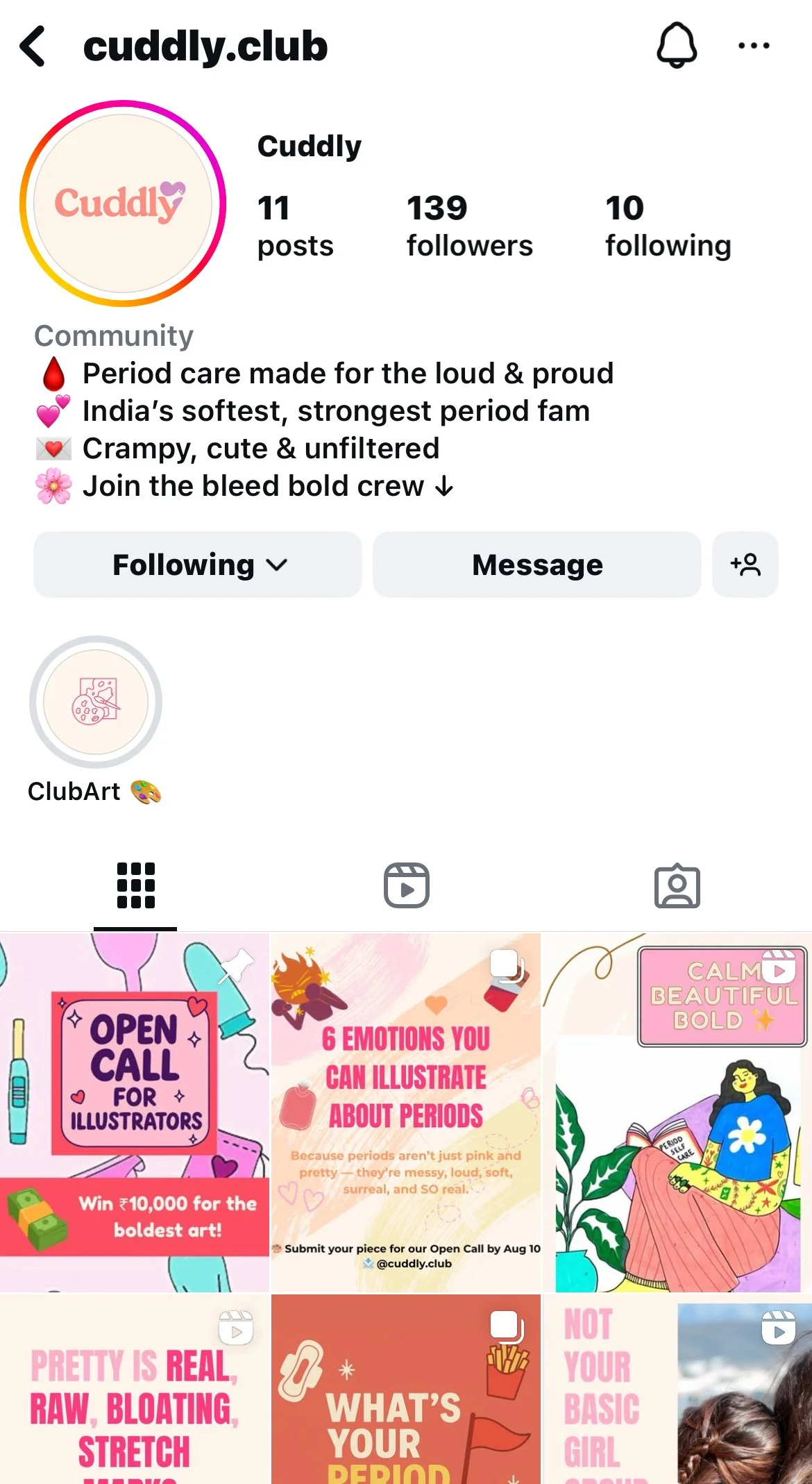 Cuddly.Club's Instagram Home Page, Including my Illustration for the Thumbnail in Promotional Material for the Project (2025).