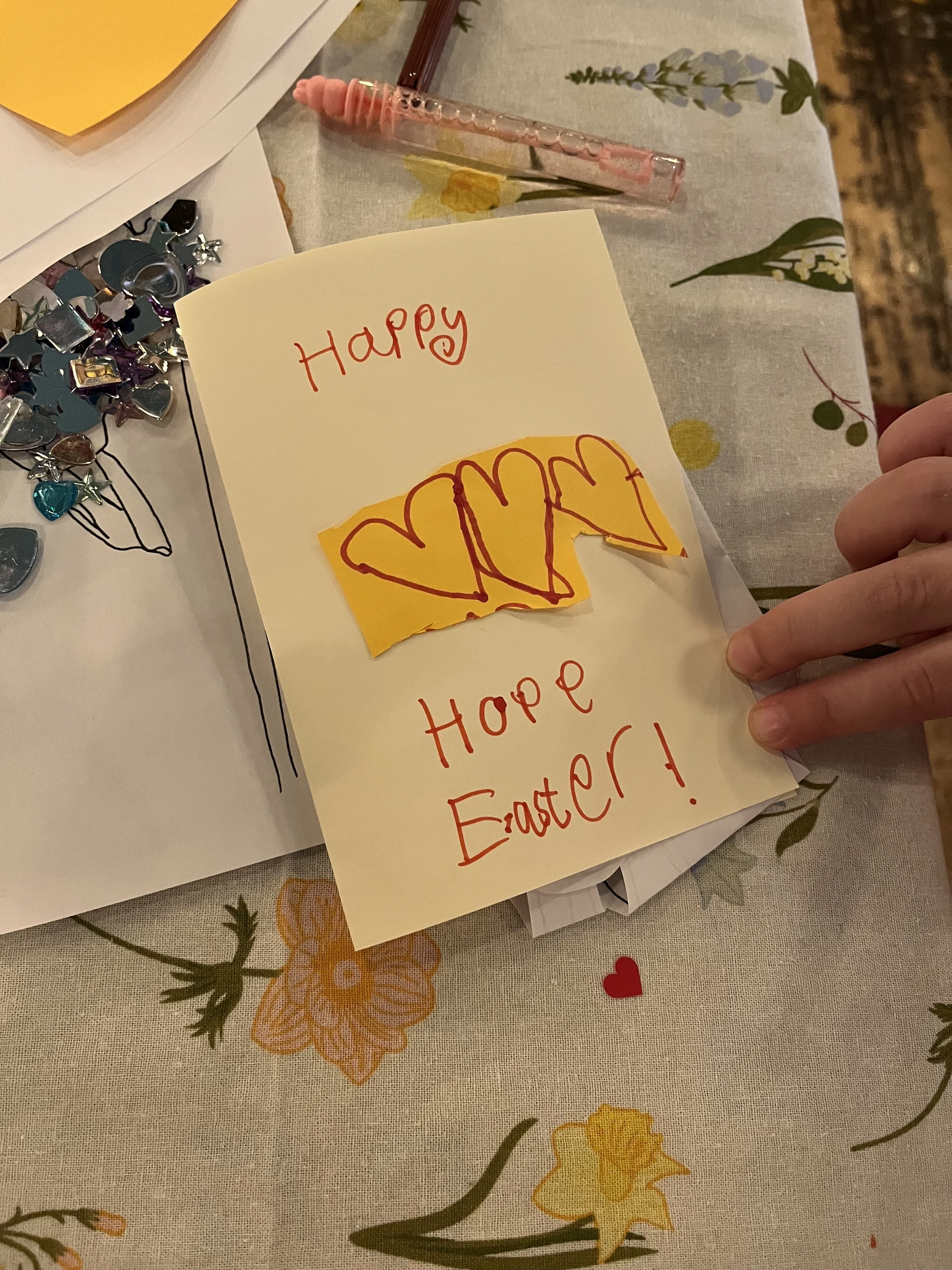 Example of the crafts, some of the children made today. Front of a Pop Up Easter Card, Hand Drawn and Illustrated with Felt Tip Markers (2026).