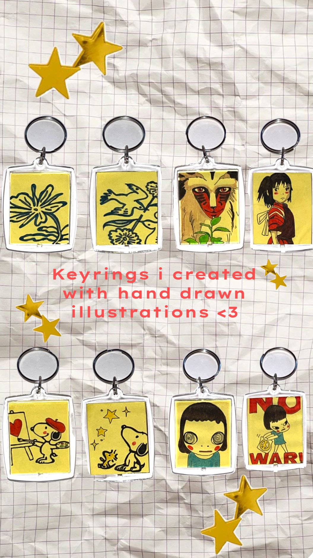 Digital Promotional Piece Advertising All of the Hand Drawn Spirited Away, Floral, Princess Mononoke and Yoshitomo Nara Illustrations (Front + Back Designs), 50x35mm. Fine liner 0.1mm + Staedtler Fibre Tip Pens 1.0mm (2025)