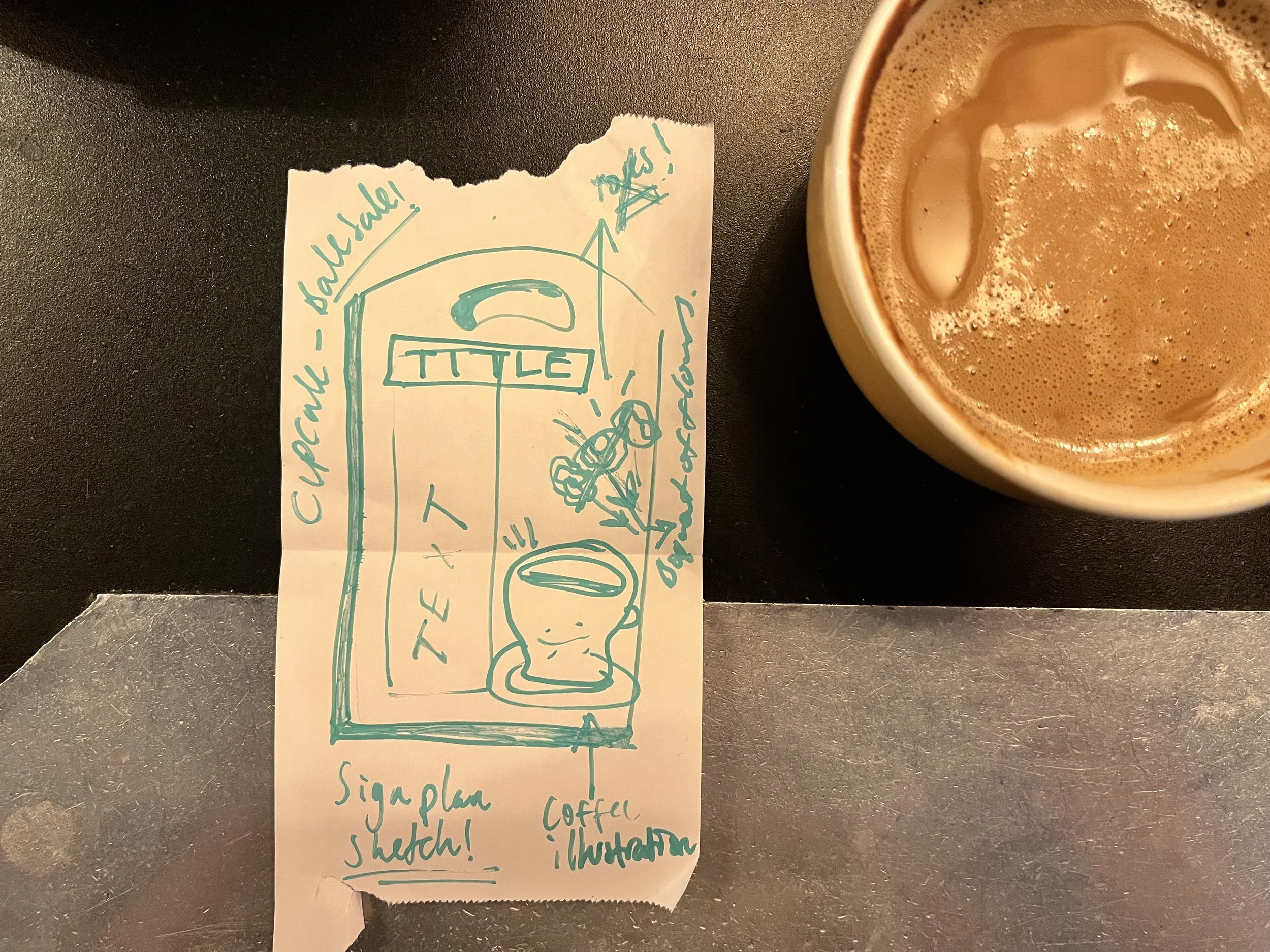 A5 sized planning sketch promoting 'Macmillan Coffee Morning Event'. Hand Drawn text + image using Posca Markers (2025).