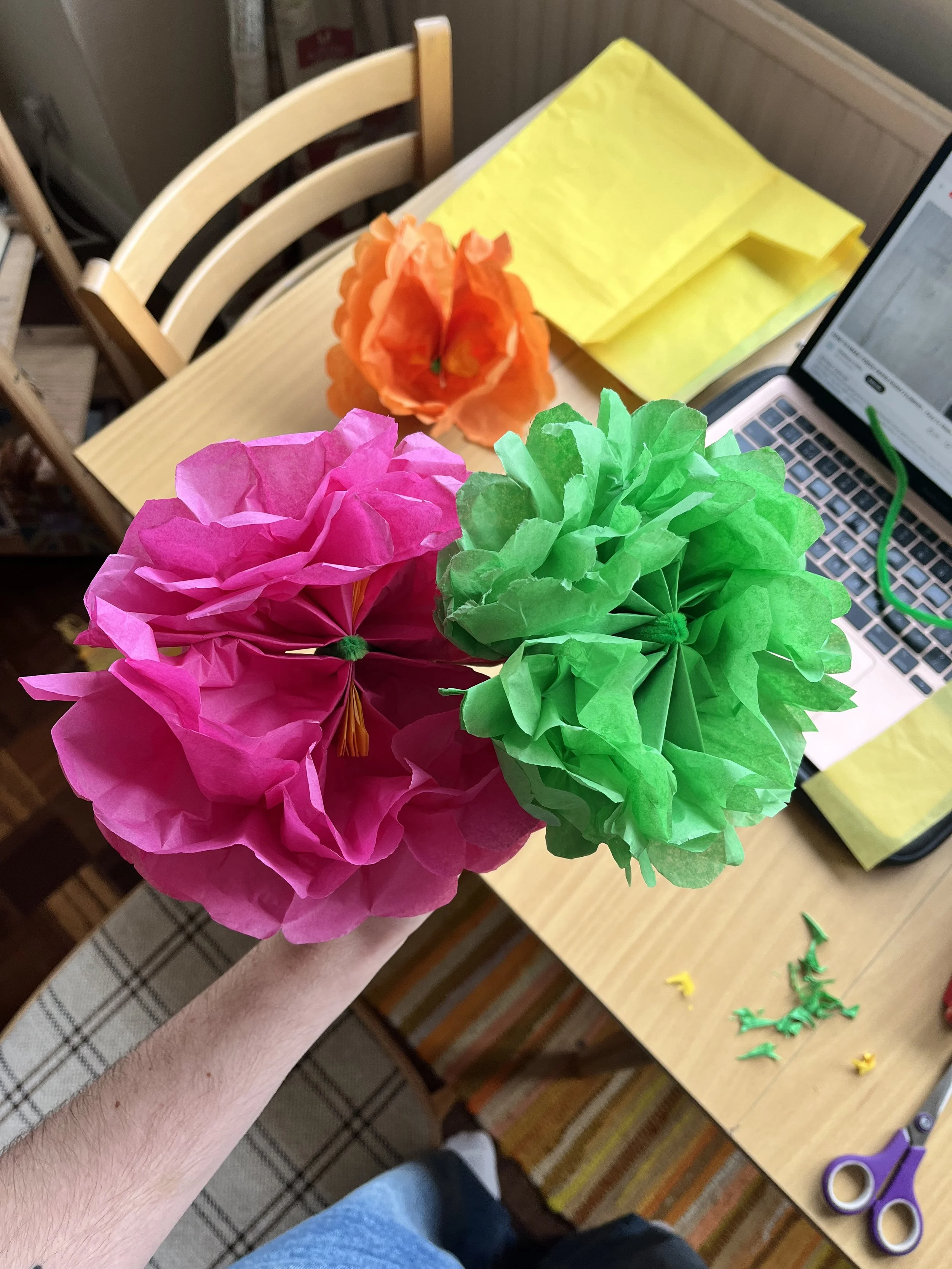 Hand Made tissue paper flowers as part of the set up for the 'Tiny Artists Workshop' sessions. (2026).