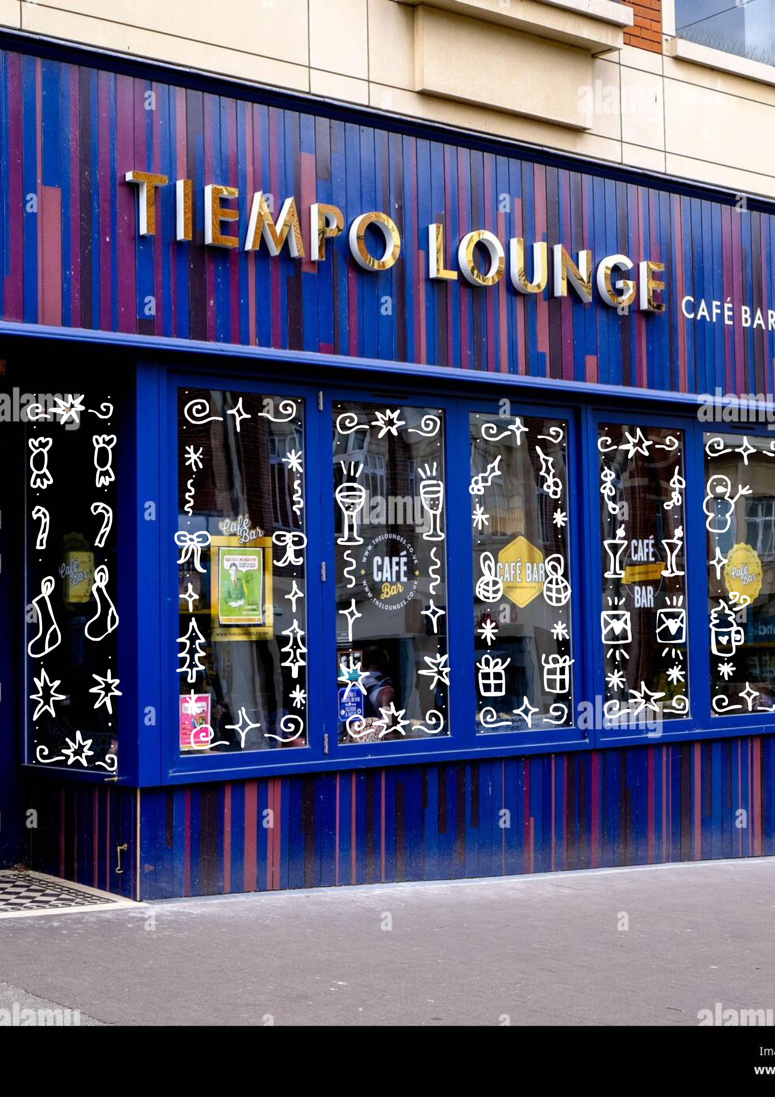 Mock up Illustration of the Christmas Window Display for Tiempo Lounge, created digitally (2025)