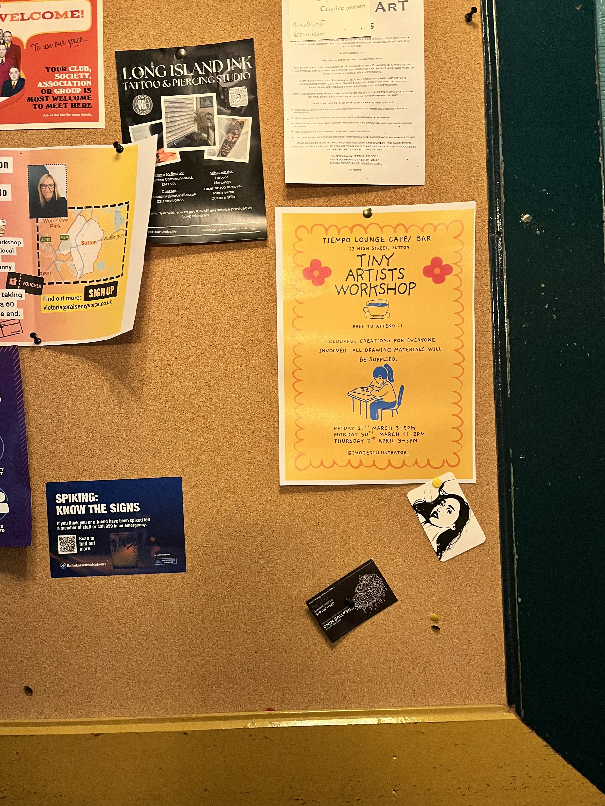 A4 Digital Poster (printed on card) with imported images and text on the noticeboard with my business card attached (2026).