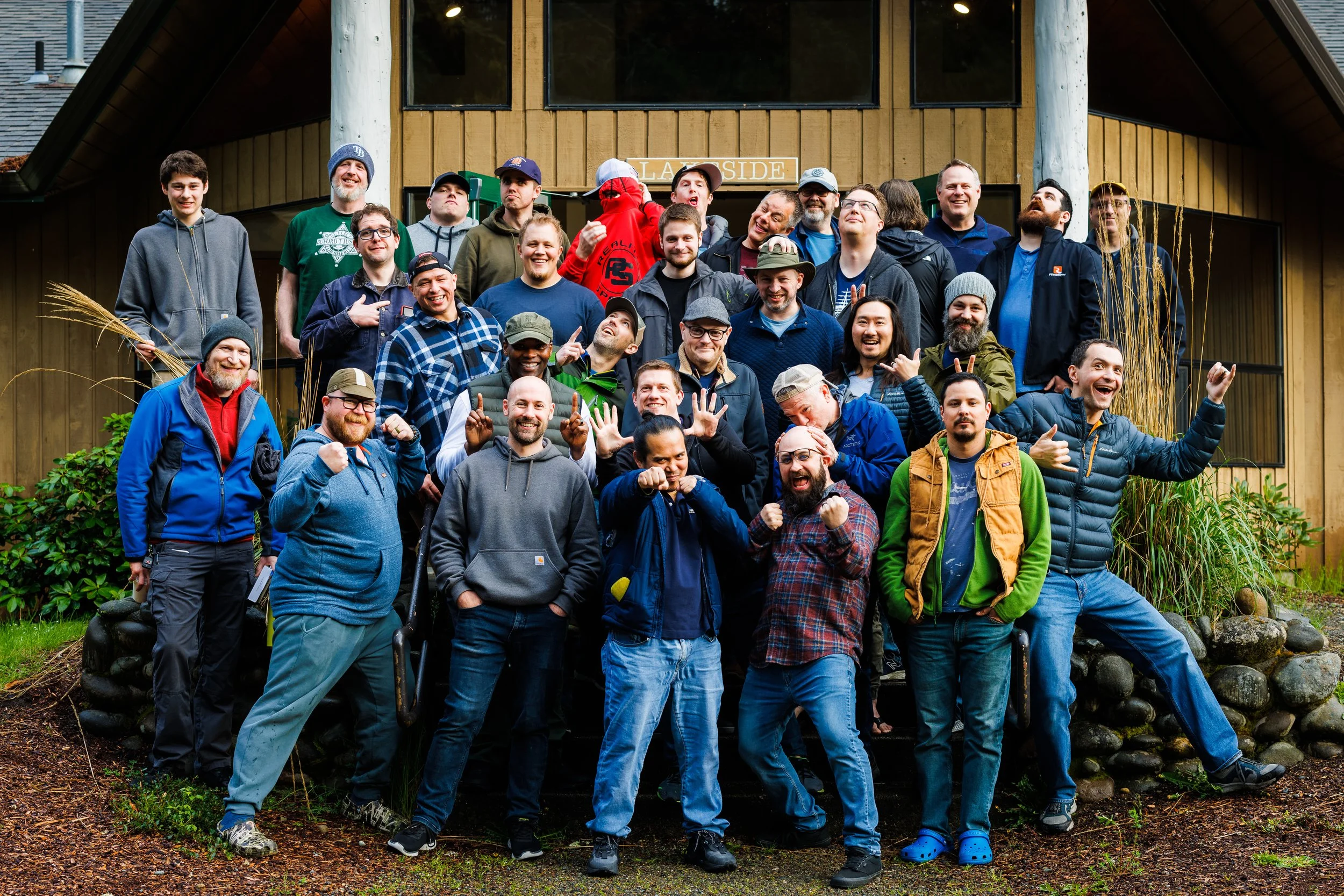 Group of men posing for the camera at a Harbor Men's retreat