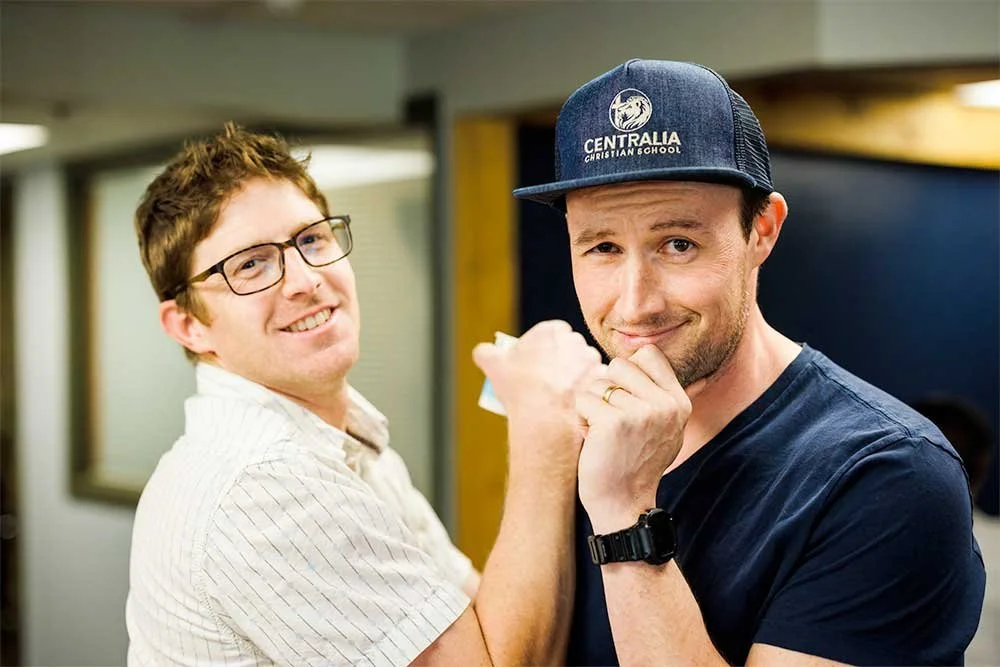 Two friendly men smiling