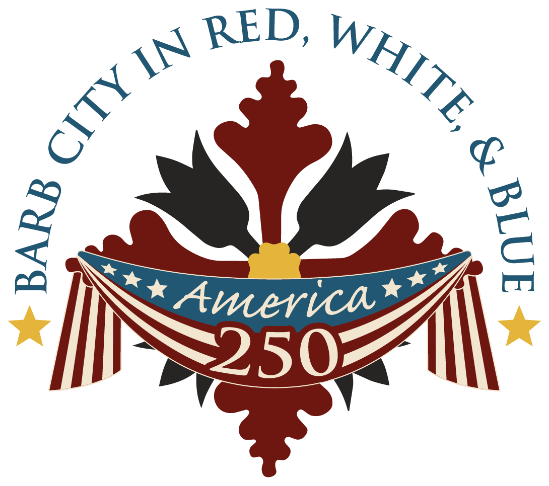 America 250 Exhibit - Barb City in Red, White, & Blue Logo