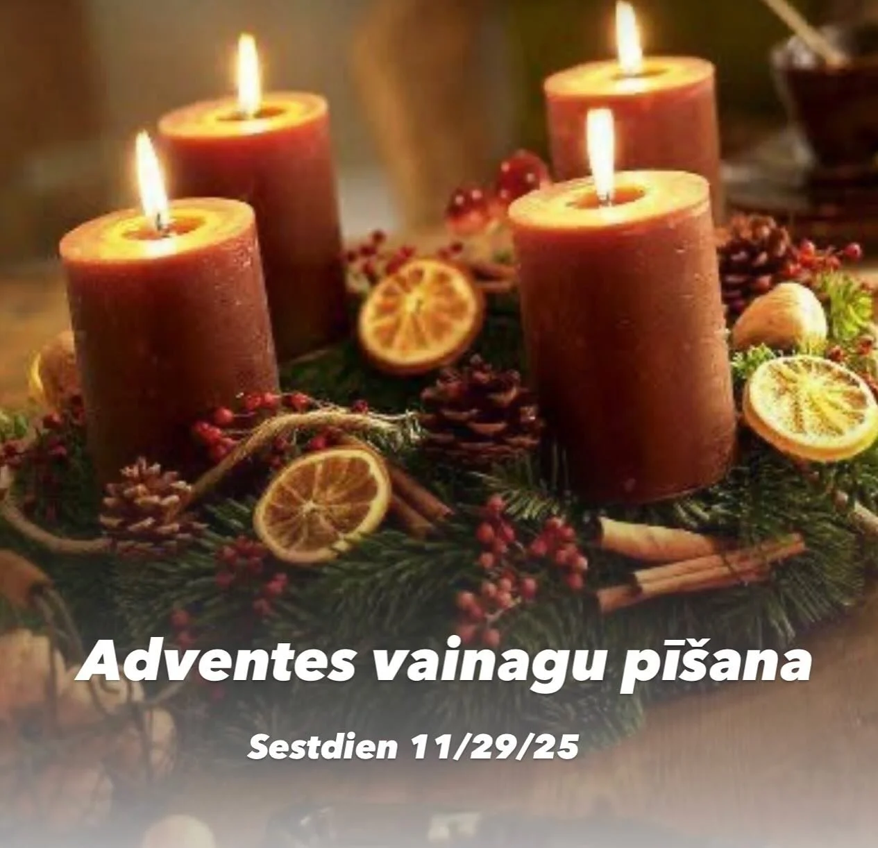 Aicinam uz ikgadējo adventes vainagu pī&scaron;anu
Sestdien, 29. novembrī, pulksten 16:00.

Pie Dzintras
2025 Fife Ridge Ct,
Roswell, GA 30075

Ņemiet līdzi &scaron;ķēres, dekorus, karsto līmi un arī egļu zarus un ari kaut ko gar&scaron;īgu. Pārējie 