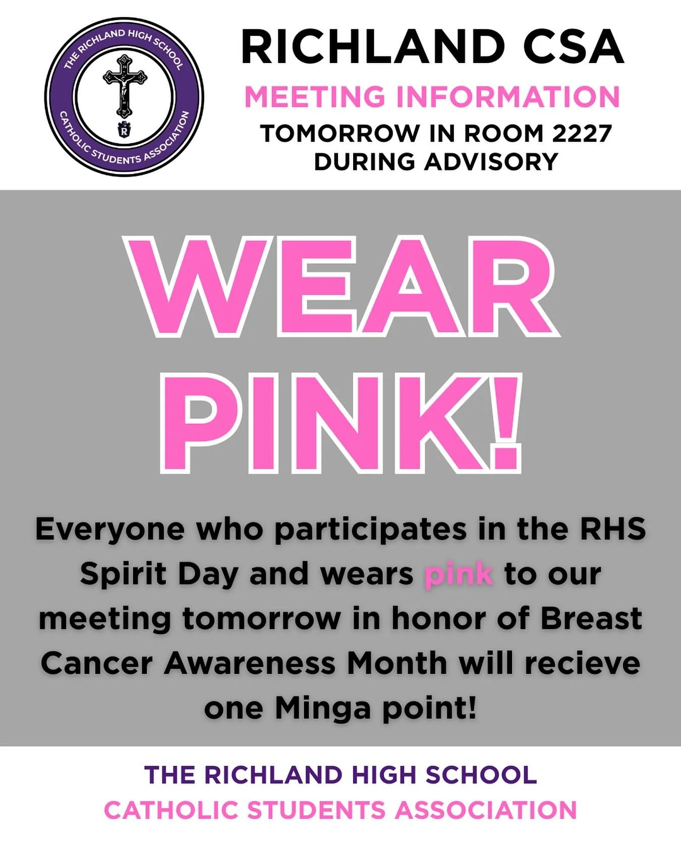 Don&rsquo;t forget to wear PINK for our FIRST ever CSA meeting tomorrow! We look forward to seeing you there!!🩷💜#breastcancerawarness #catholic #richlandraiders