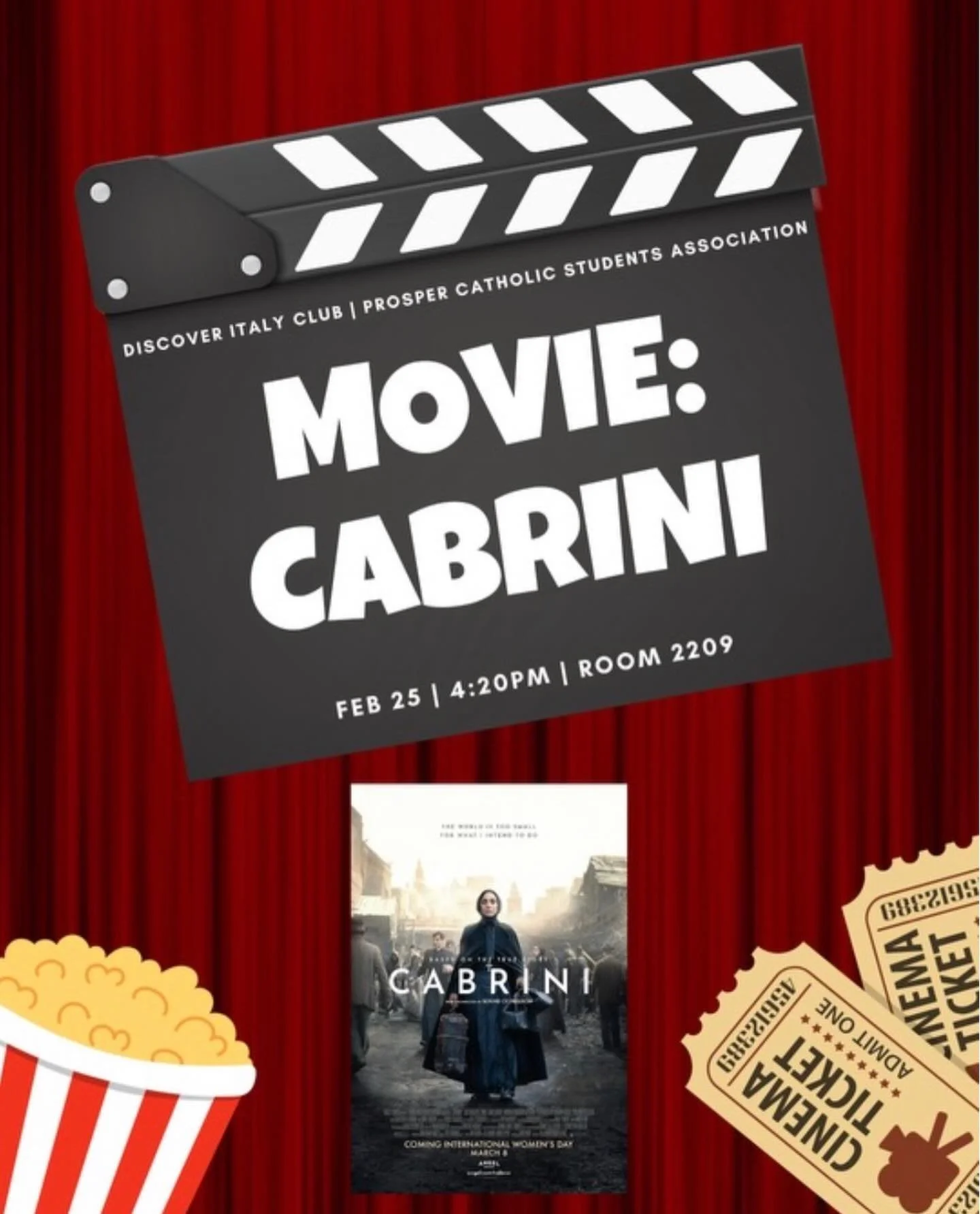🎥🍿Join the Prosper CSA and the PHS Discover Italy Club this Wednesday for a showing of the movie &ldquo;Cabrini&rdquo; after school this Wednesday! We will be watching the first half of the movie at this meeting. 

Popcorn will be provided but ever