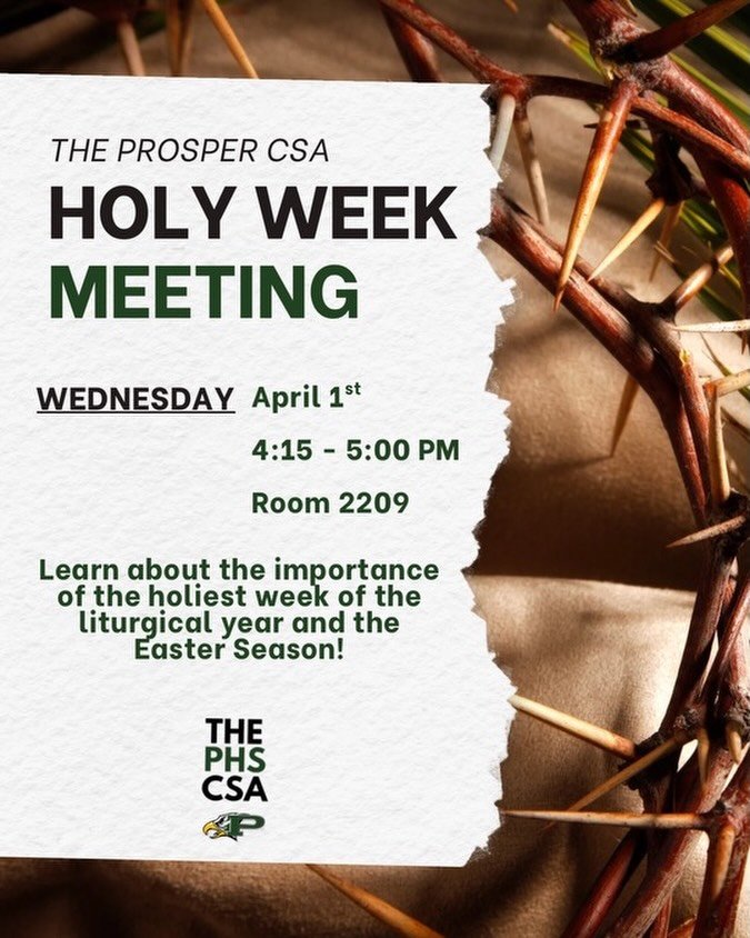 It&rsquo;s Meeting Week! This week we will cover Holy Week in Room 2209. We hope to see everyone there!