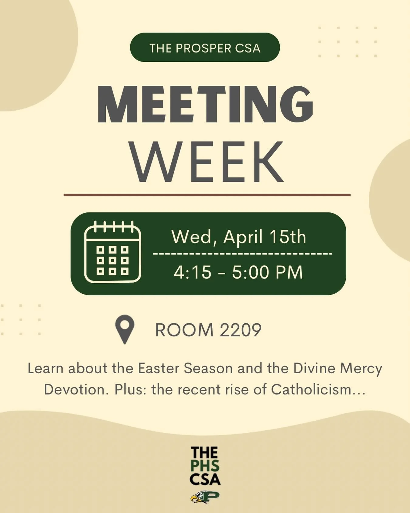 It&rsquo;s Meeting Week! Stop by Room 2209 on Wednesday to learn about the Easter Season and Divine Mercy Devotion.