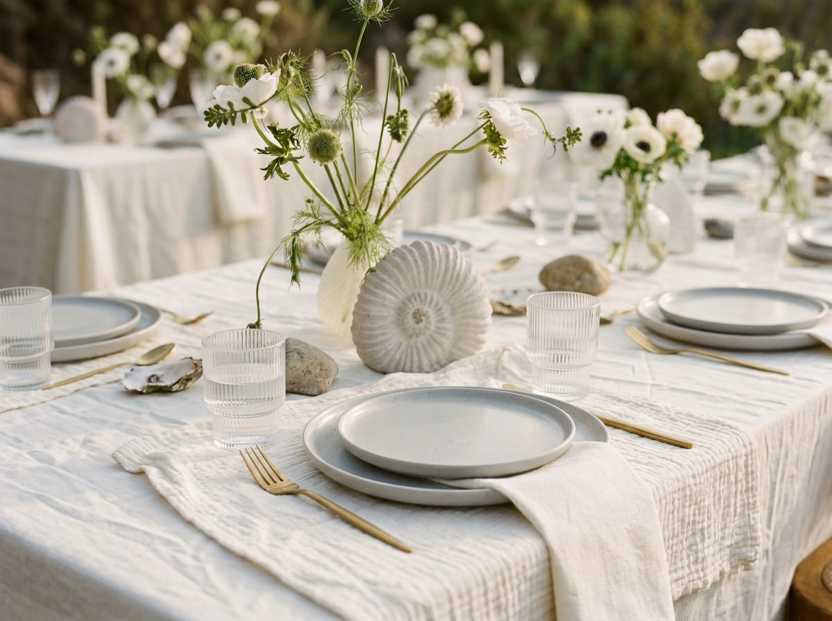 Elegant outdoor dining table decorated with white shells, rocks, and fresh white flowers in vases, set with white dishes, gold utensils, and clear glasses, with a softly lit, garden backdrop.