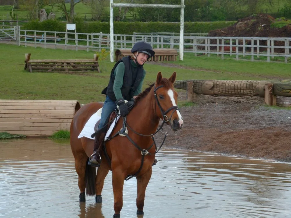 A person riding a brown horse through a shallow water obstacle in an equestrian setting, with wooden fences and greenery in the background.