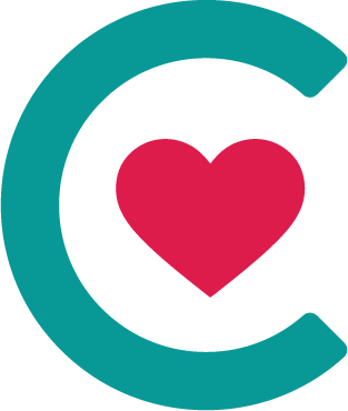 A stylized letter C in teal with a red heart inside it.