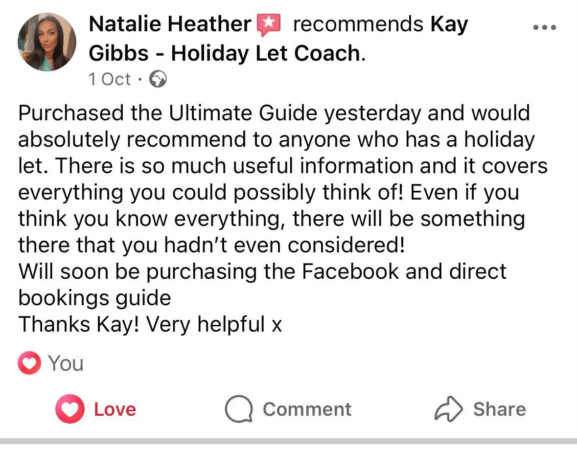 Facebook recommendation from Natalie Heather, saying she would absolutely recommend Kay's Ultimate Guide to anyone who has a holiday let