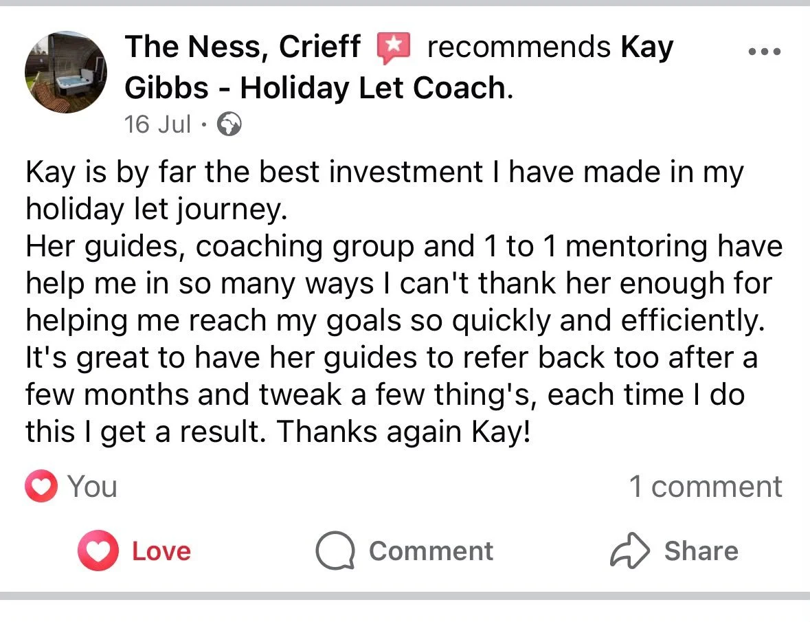 Facebook recommendation from The Ness, Crieff, saying Kay is by far the best investment they have made in their holiday let journey