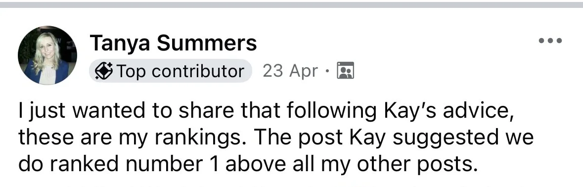 Screenshot of a Facebook post by Tanya Summers, who is a top contributor, sharing her ranking preferences based on Kay's advice.