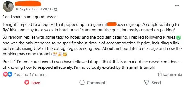A social media post discussing a reply to a travel accommodation request, mentioning booking details, COVID-19 rules, and excitement for the trip.