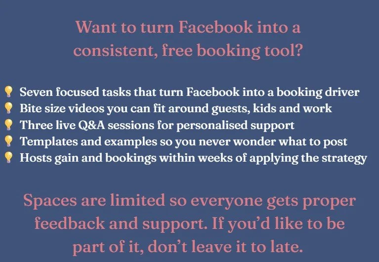 A digital graphic promoting Facebook as a free booking tool, listing seven tasks to use it effectively, mentioning live Q&A sessions, templates, and host support, emphasizing limited space and encouraging timely participation.