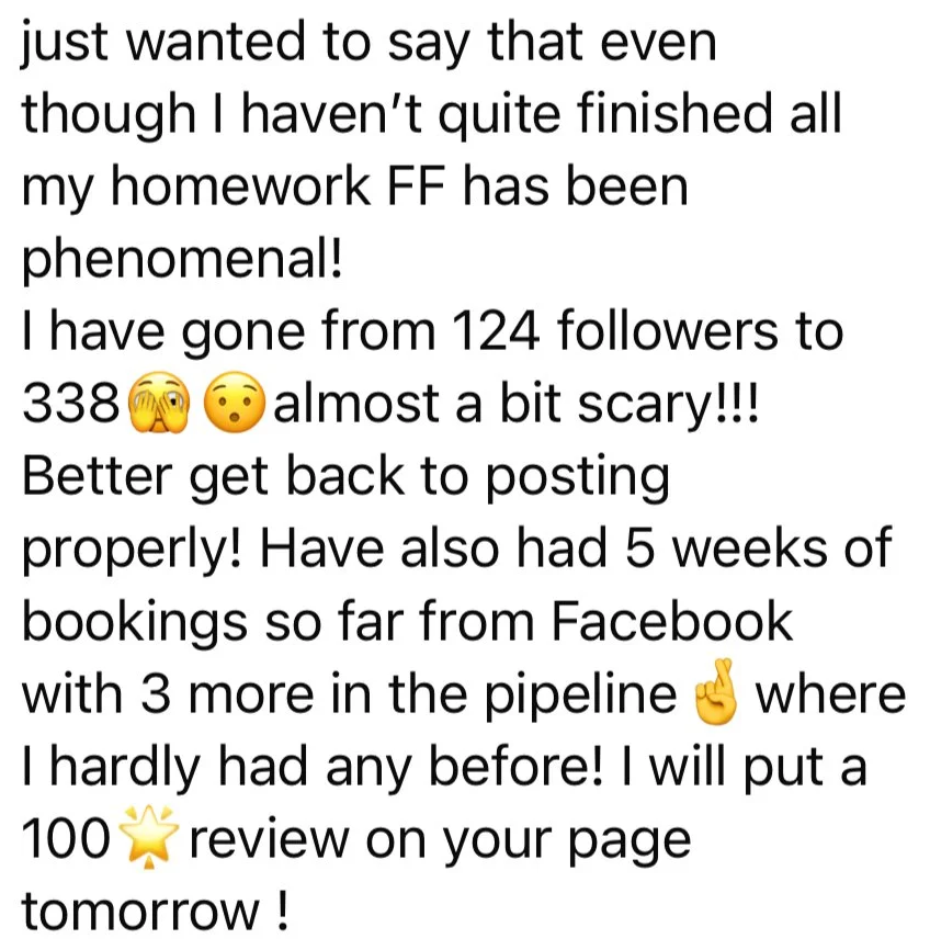 A screenshot of a social media post expressing excitement about gaining followers, with emojis and mention of bookings and reviews. Highly positive feedback about Kay Gibbs and her coaching programmes. How to be successful on Facebook when marketing