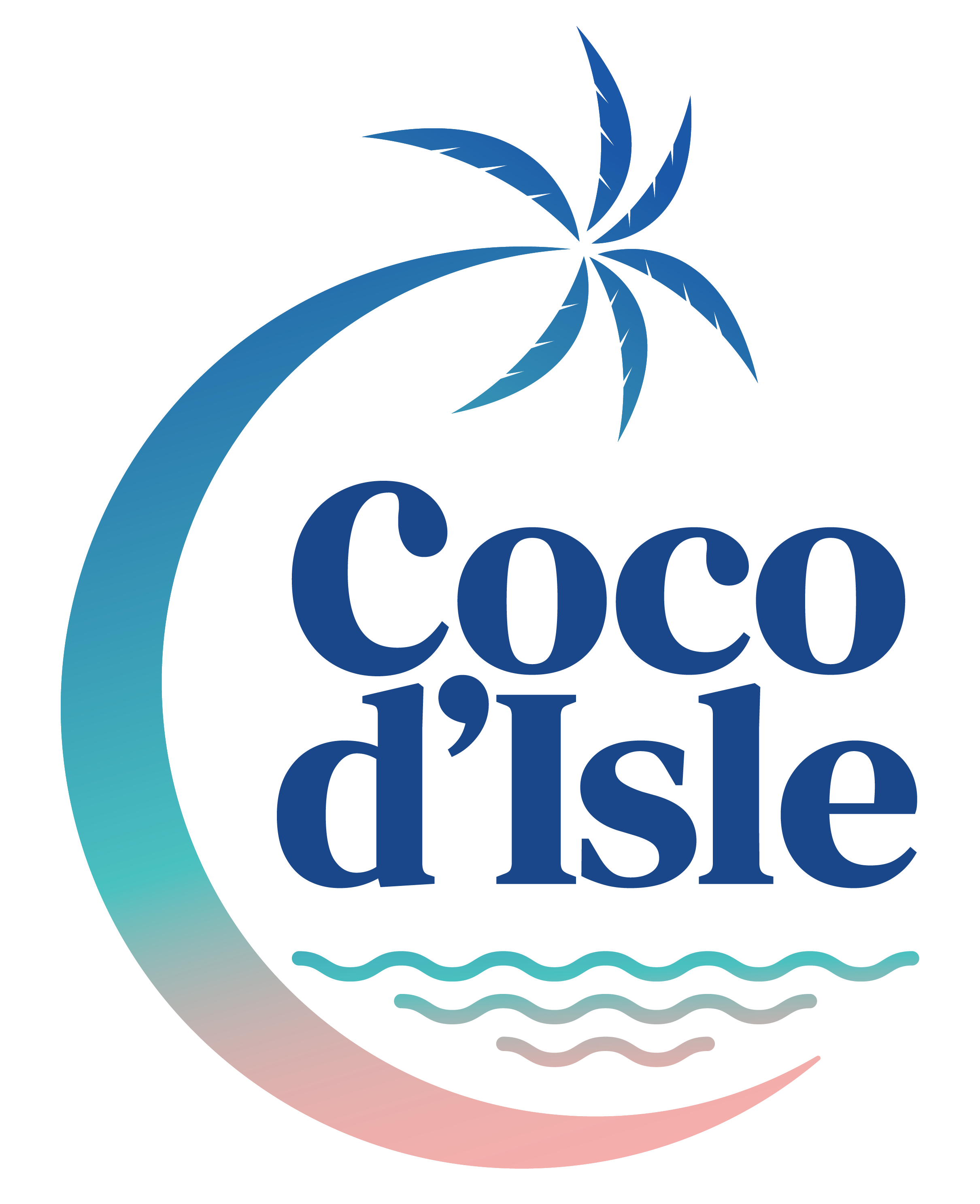 Logo with text 'Coco d'Isle', a stylized palm tree, and ocean waves in blue and gradient colors.