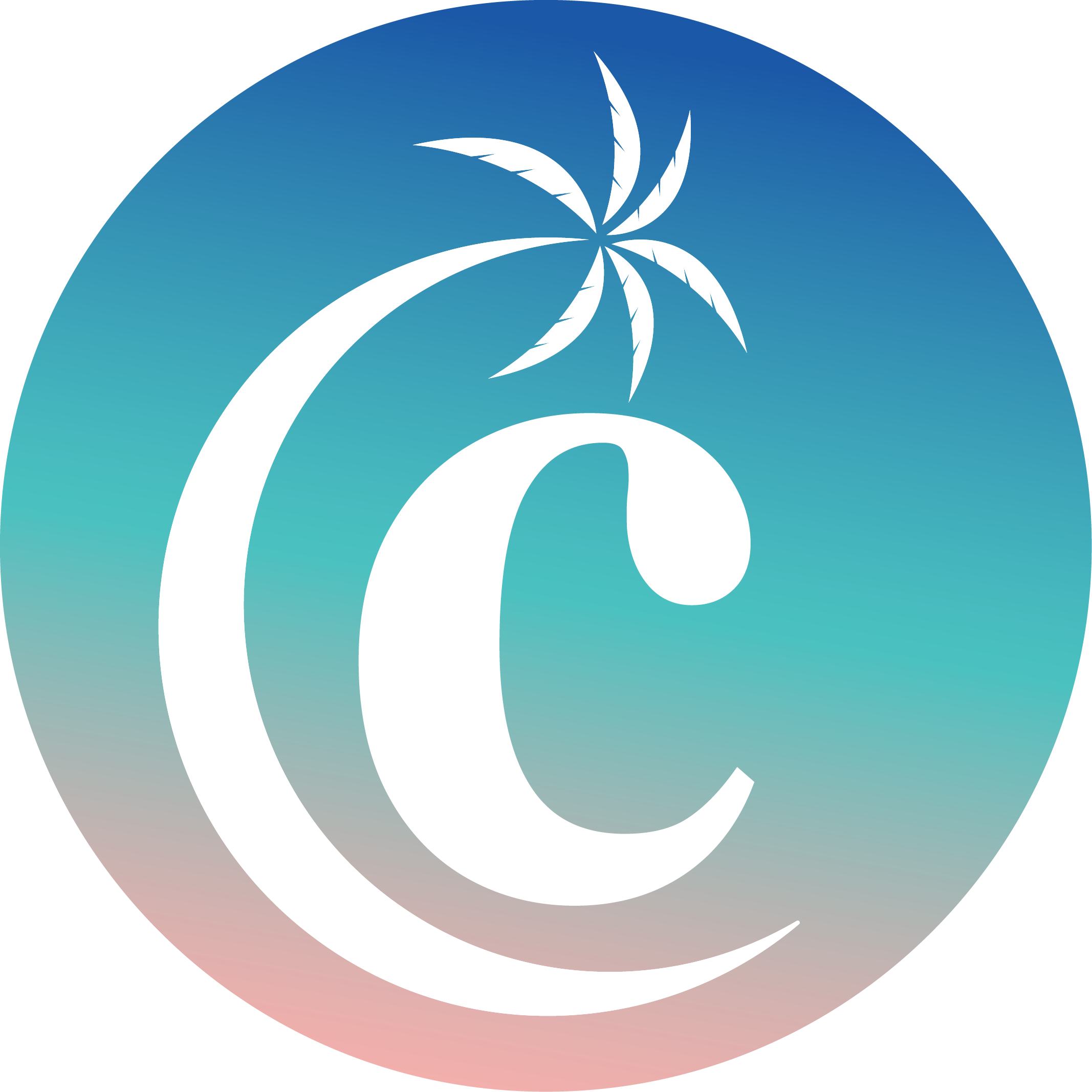 Logo with a stylized letter 'C' featuring a palm tree design, gradient blue to pink background.