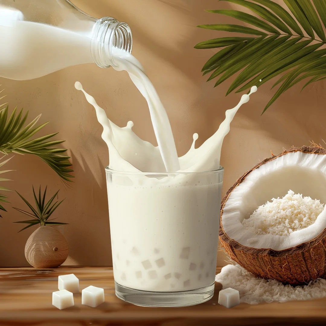 Milk being poured into a glass with coconut, palm leaves, and sugar cubes on a wooden surface.