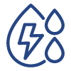 Icon of a water droplet with a lightning bolt inside and two smaller droplets nearby, symbolizing hydroelectric power.