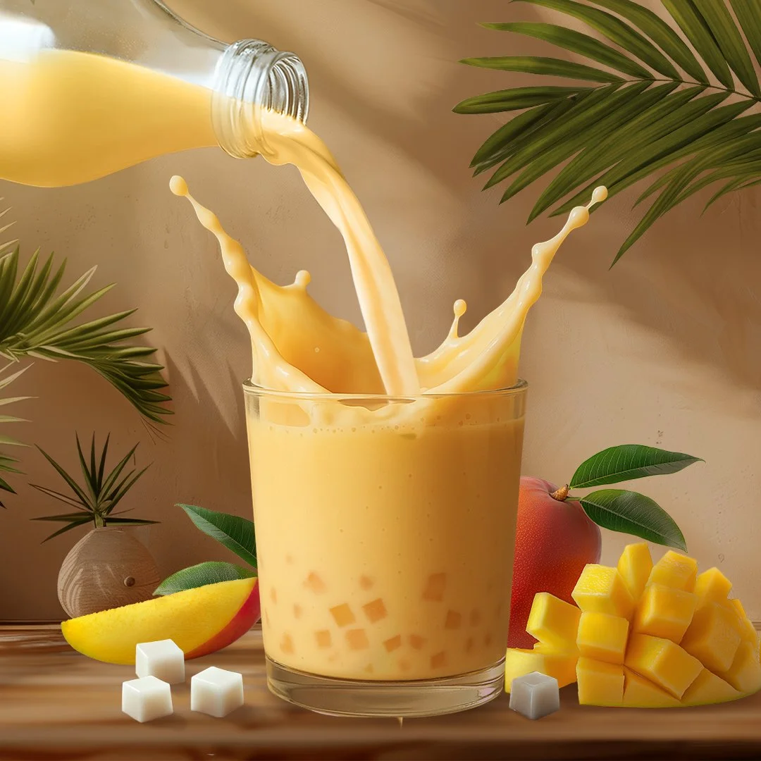 Mango juice being poured into a glass with chopped mangoes and sugar cubes on a wooden table, surrounded by tropical leaves.