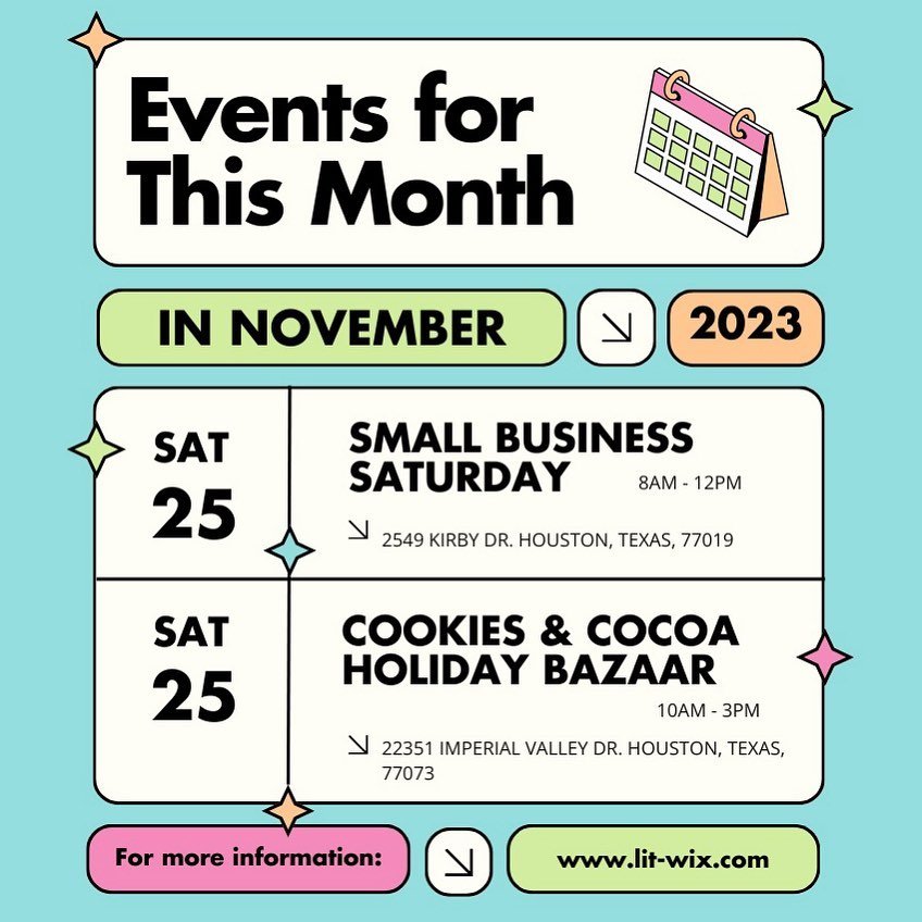 We&rsquo;ve got new scents, but the same vibes. 

Here&rsquo;s our last two events for the month of November!

Come see us Saturday 11/25: 

@ SOULCYCLE RIVER OAKS LOCATION 
 2459 Kirby Dr, Houston, TX, 77019

@ COOKIES &amp; COCOA HOLIDAY BAZAAR
223