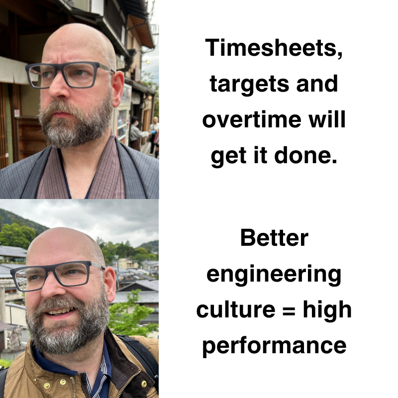 A side-by-side comparison of two men with beards and glasses. The top man is outdoors with a serious expression, wearing a blazer and a patterned shirt. The bottom man has a friendly smile, wearing a jacket and shirt, with a background of a town and mountains. Text on the right states, 'Timesheets, targets and overtime will get it done. Better engineering culture = high performance.'