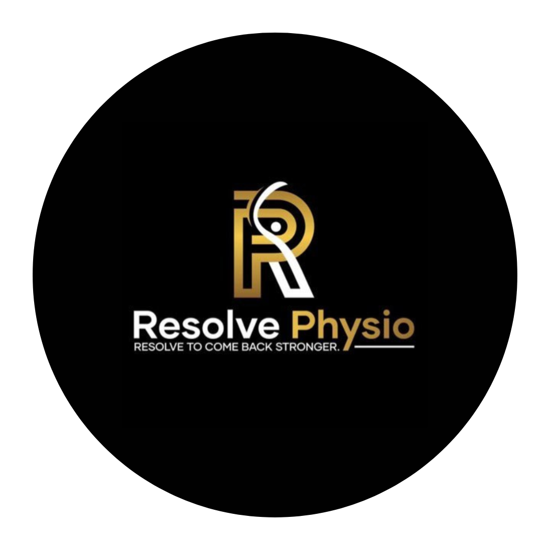 Logo for Resolve Physio with gold and white stylized letter R and text reading 'Resolve Physio' and slogan 'Resolve to come back stronger' on a black background.