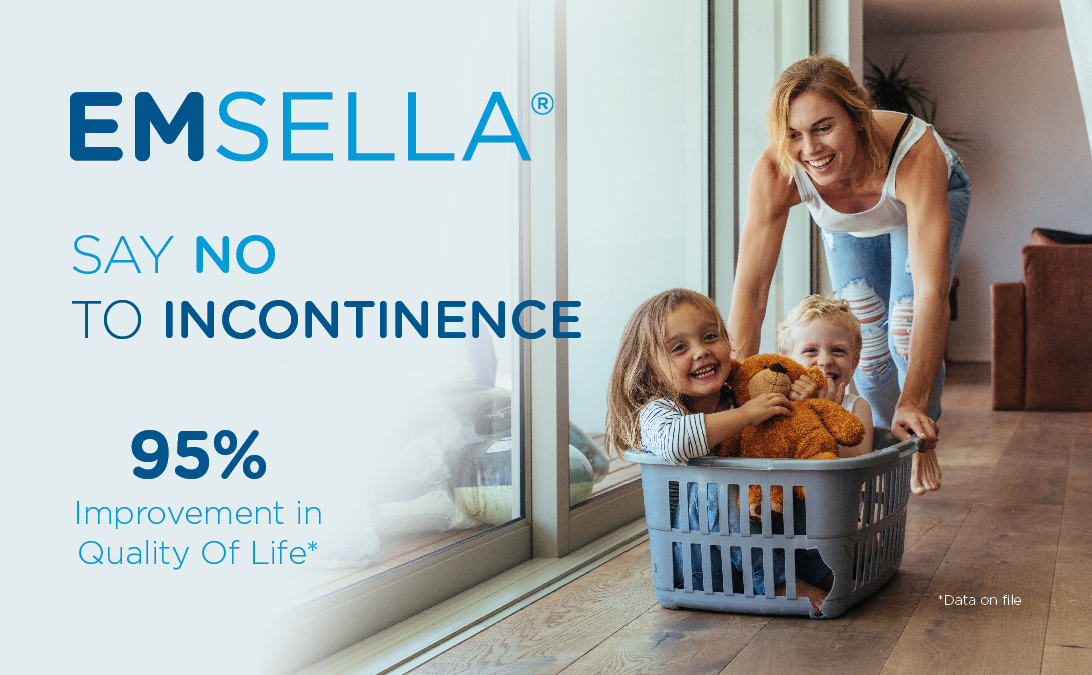 A woman with two children in a laundry basket, smiling and playing, demonstrating the effectiveness of EMSELLA in preventing incontinence, with text advocating to say no to incontinence.