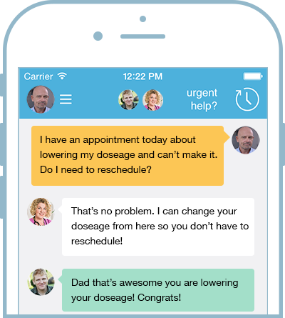 Screenshot of a mobile messaging app conversation about rescheduling a medical appointment, with text messages discussing lowering doseage and rescheduling.