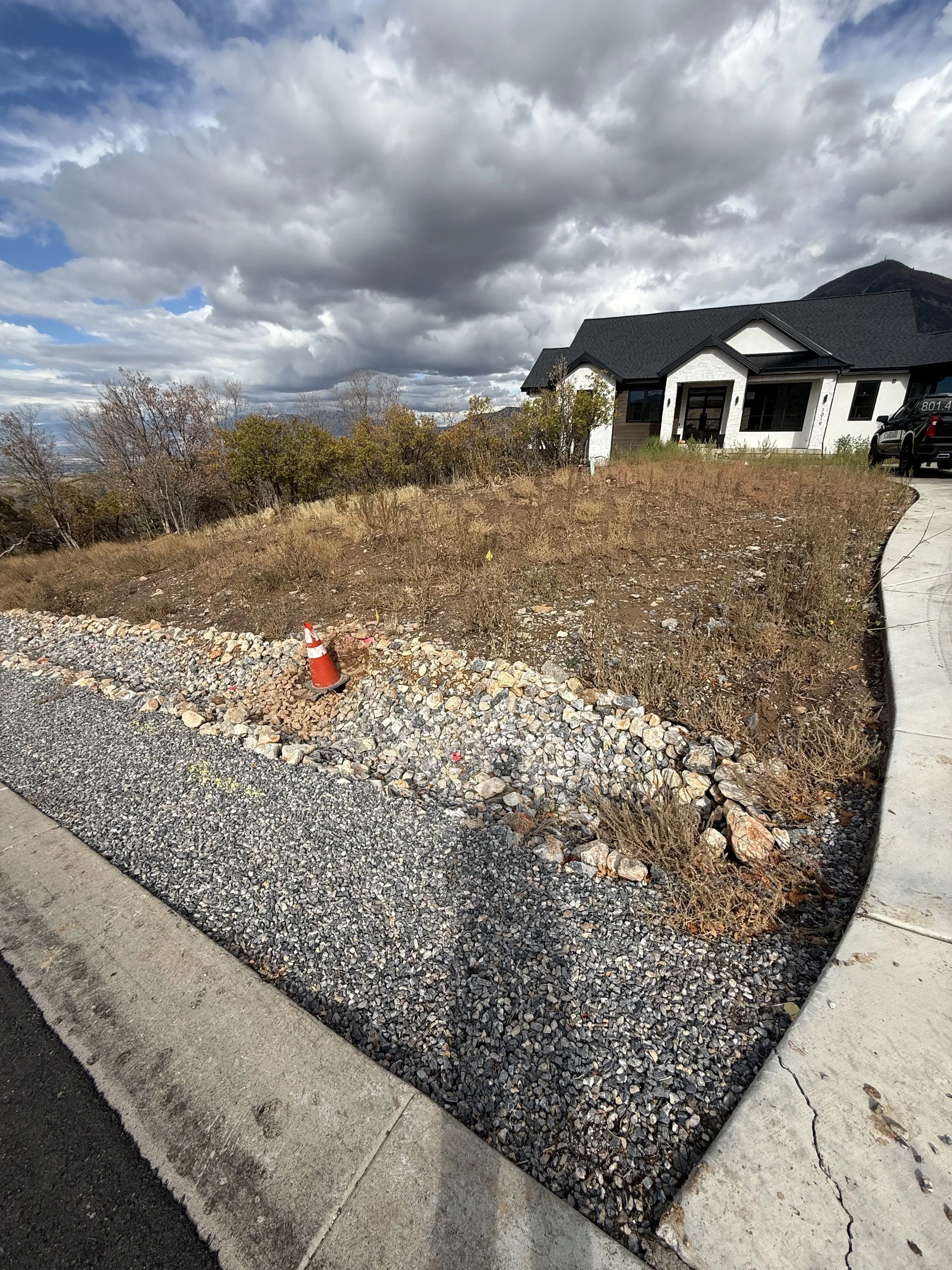 Before photo of overgrown front yard in Woodland Hills Utah needing landscaping transformation