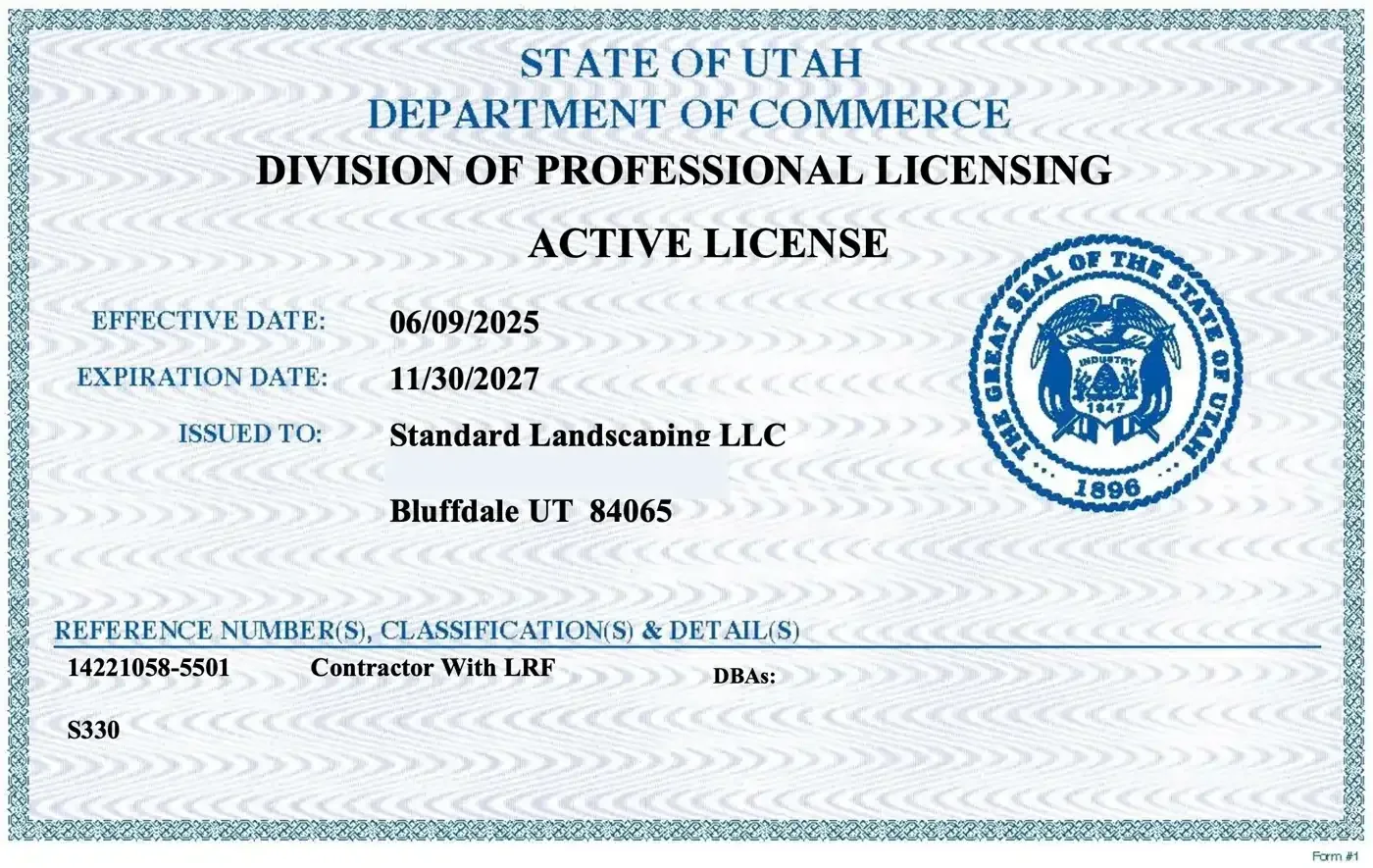 Utah DOPL active contractor license for Standard Landscaping LLC, #14221058-5501, S330