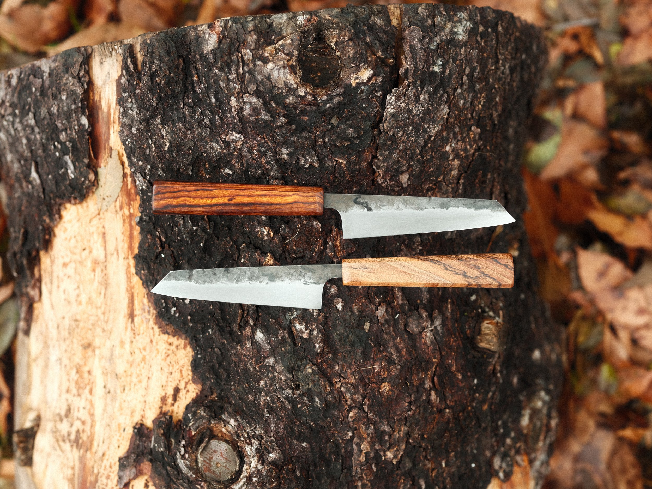 Two handcrafted knives with wooden handles resting on a cut tree trunk, surrounded by autumn leaves.