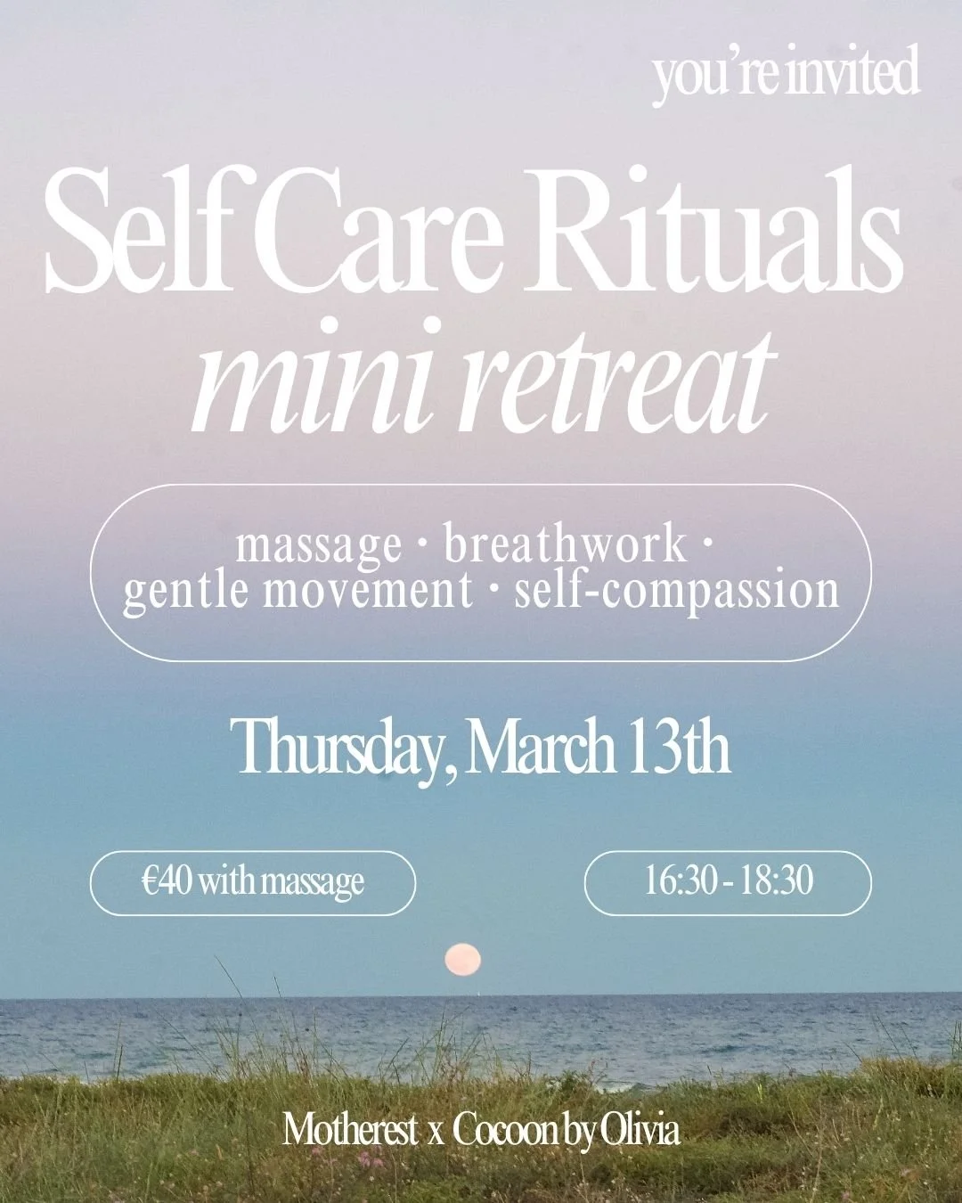 P O S T P O N E D to April 
Self Care Rituals: a mini retreat 🪷 🌕 
Take a break and nurture yourself in this 2-hour workshop designed for mothers & women who want to reconnect, relax, and recharge. In this peaceful space, you’ll enjoy a