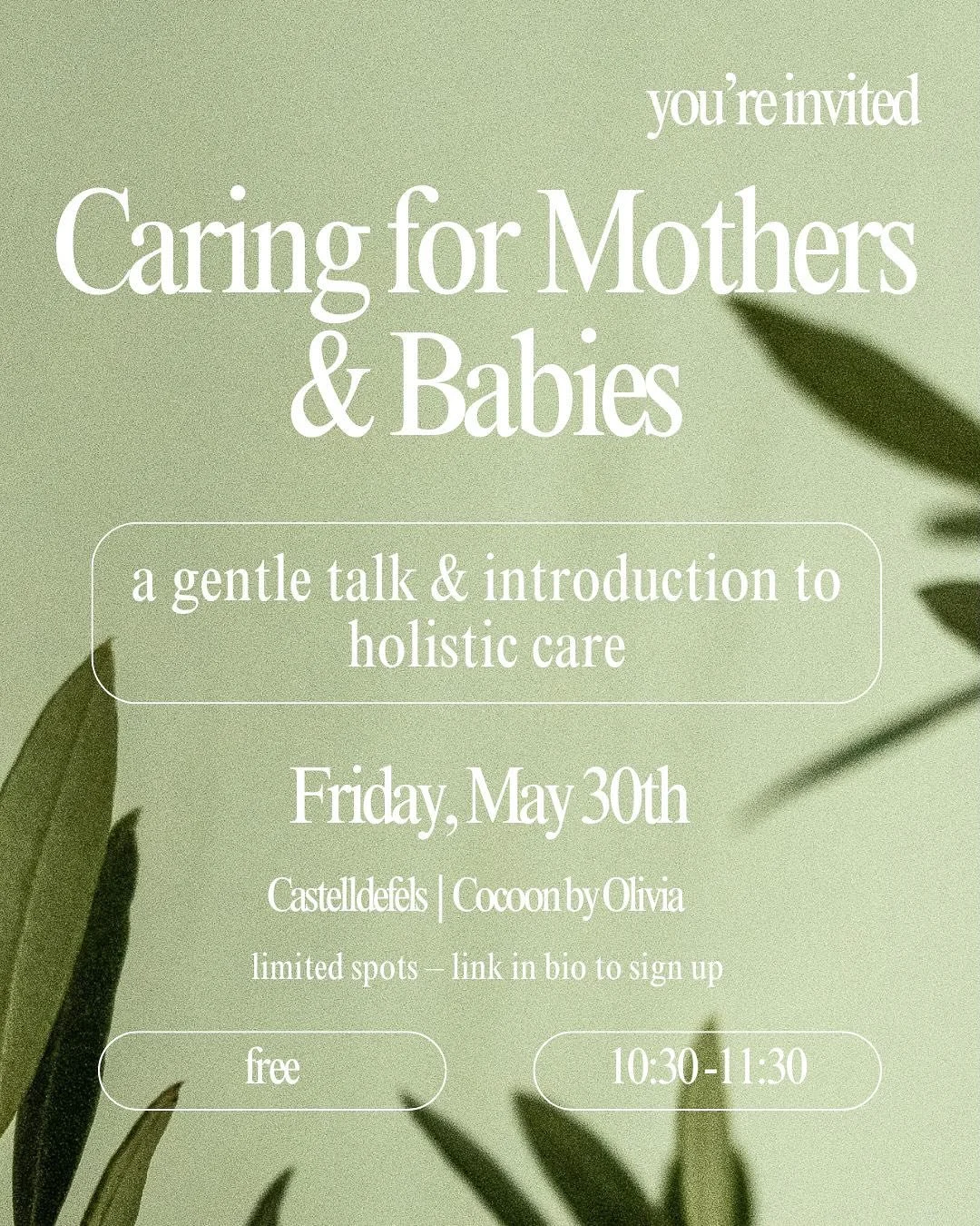 a soft gathering for mamas + little ones 🌸
come get to know us, learn about body-based care for you + baby, and share a cozy moment in community 
🌱 Friday, May 30
🫖 10:30-11:30
🦋 Cocoon by Olivia, Castelldefels 
🌼 limited spots – link in