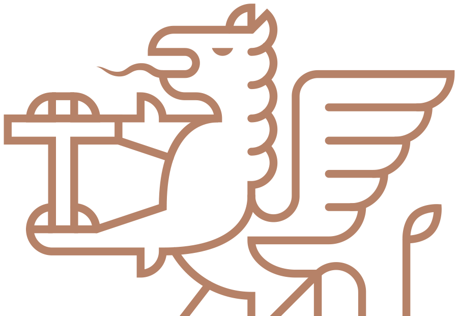 Logo of a mythical creature with the body of a lion, the head of a horse, and wings, holding a globe with an anchor symbol.