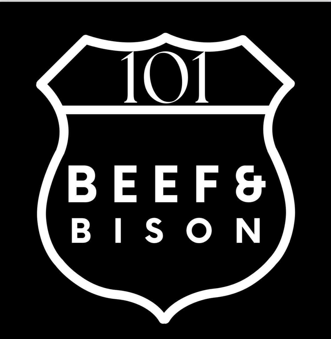 Sign with text '101 Beef & Bison' on black background.